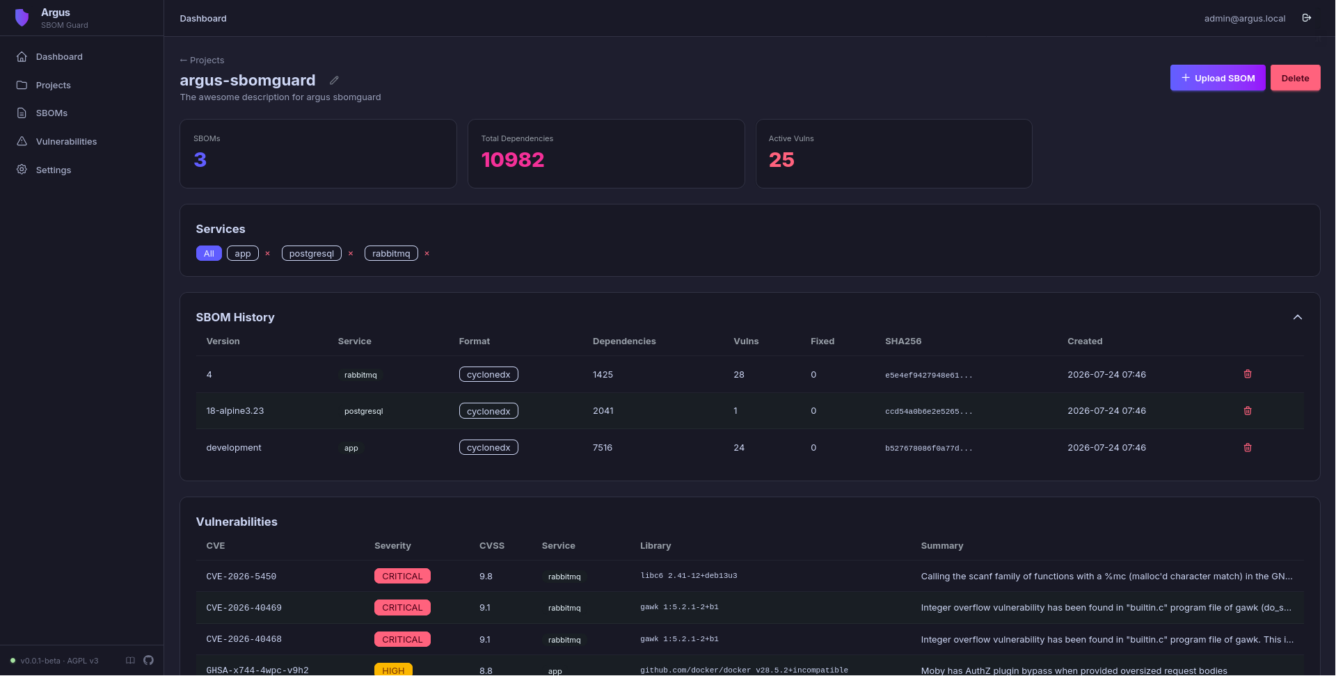 Project detail — services, SBOM versions, and vulnerabilities